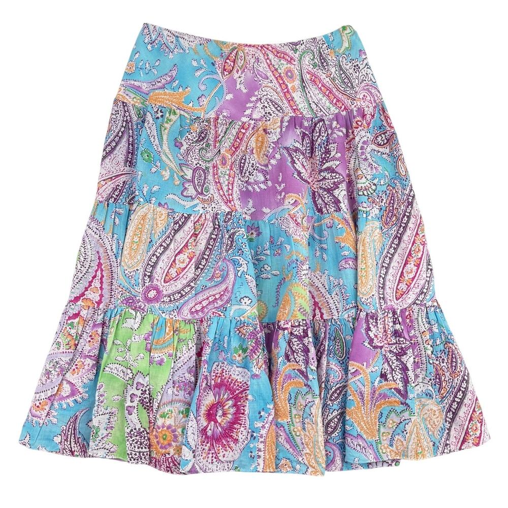 Lauren Ralph Lauren Linen Paisley Tiered Skirt Small Boho Resort Summer